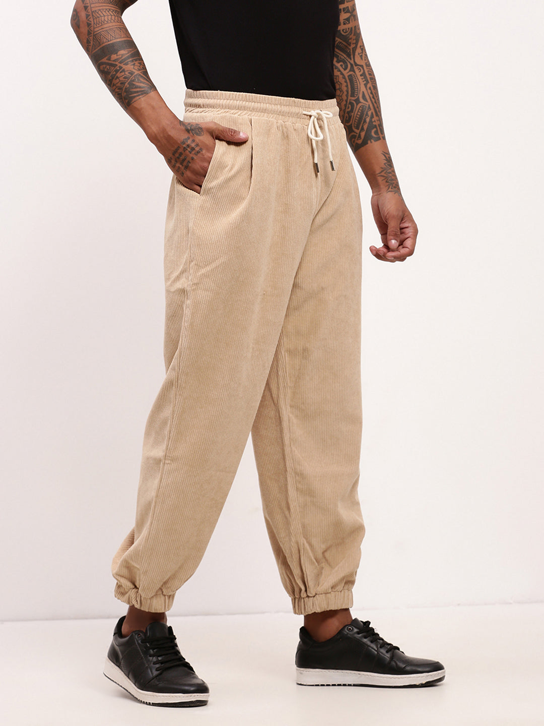 Men's Beige Relaxed Fit Corduroy Joggers with Elasticated Drawstring Waist