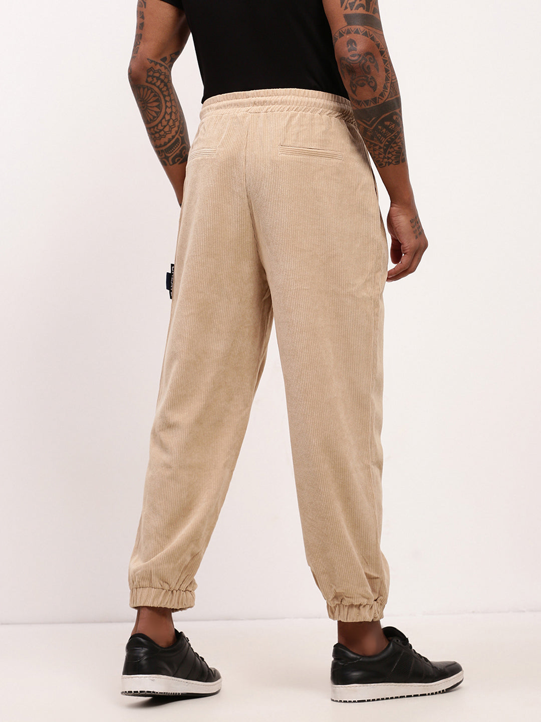 Men's Beige Relaxed Fit Corduroy Joggers with Elasticated Drawstring Waist
