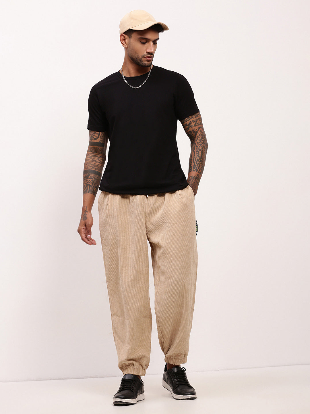 Men's Beige Relaxed Fit Corduroy Joggers with Elasticated Drawstring Waist