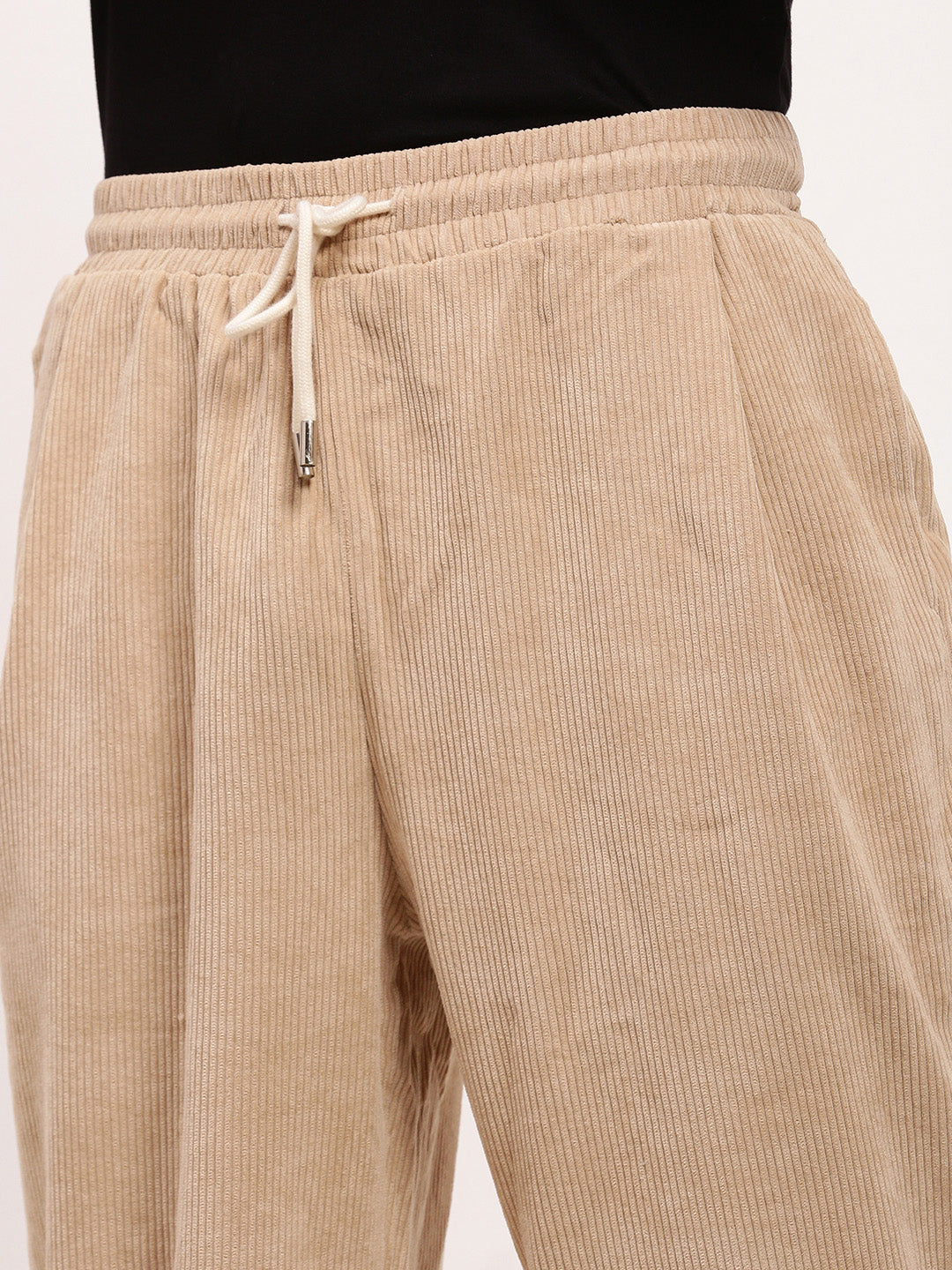 Men's Beige Relaxed Fit Corduroy Joggers with Elasticated Drawstring Waist