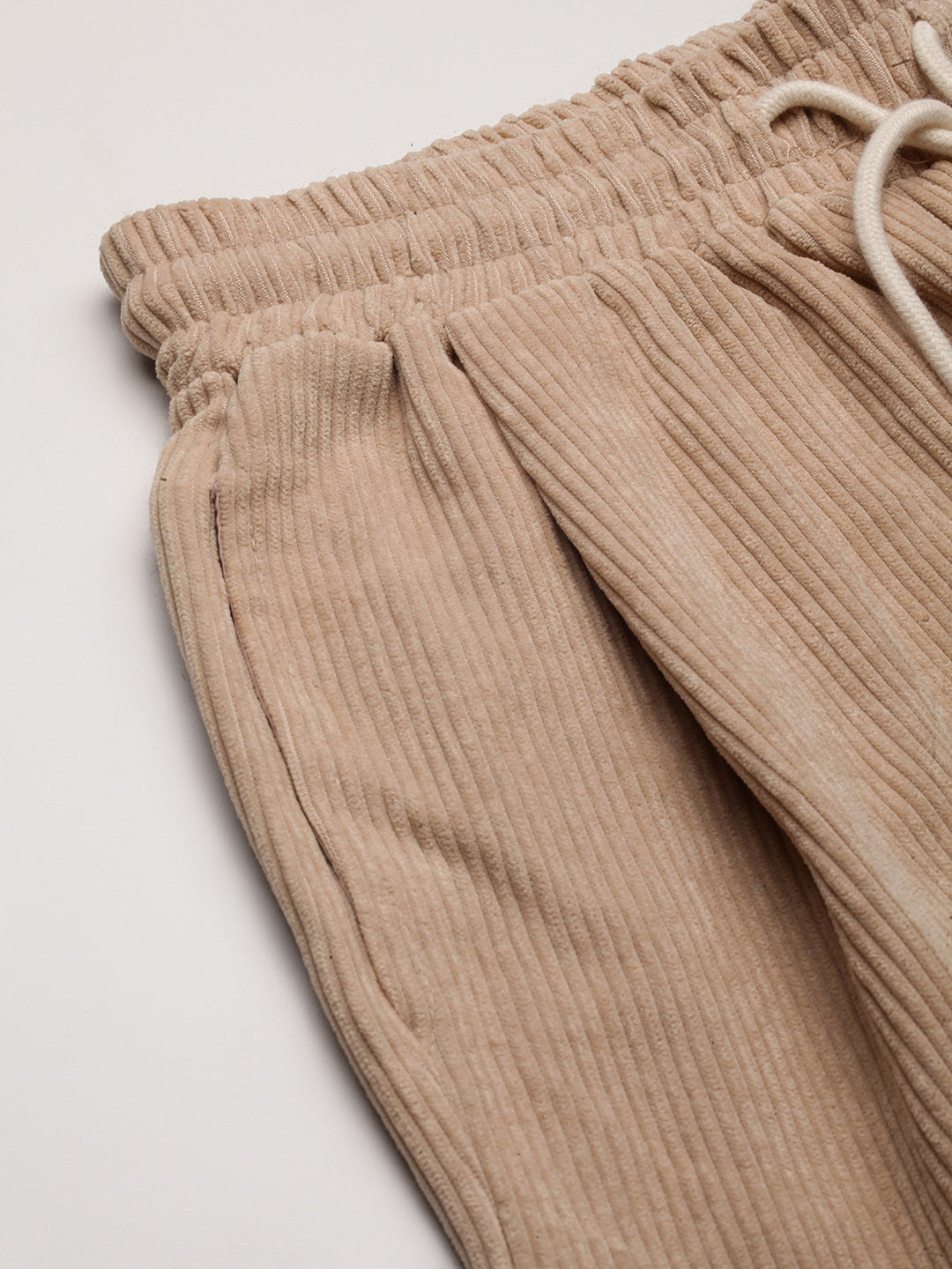 Men's Beige Relaxed Fit Corduroy Joggers with Elasticated Drawstring Waist
