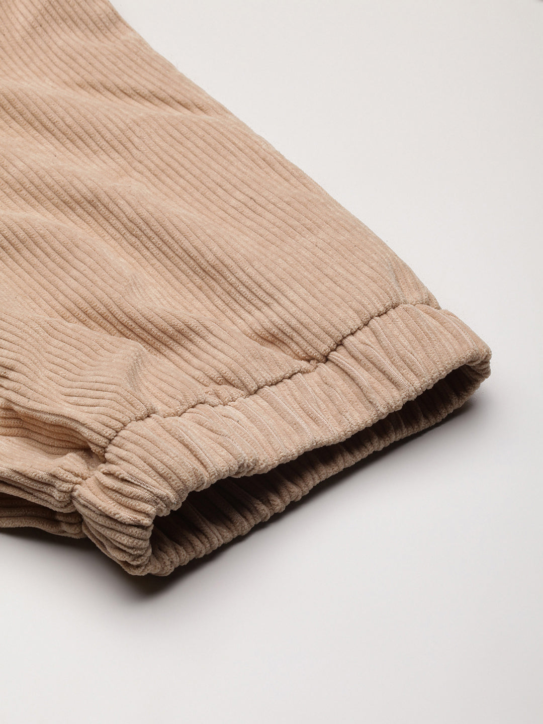 Men's Beige Relaxed Fit Corduroy Joggers with Elasticated Drawstring Waist
