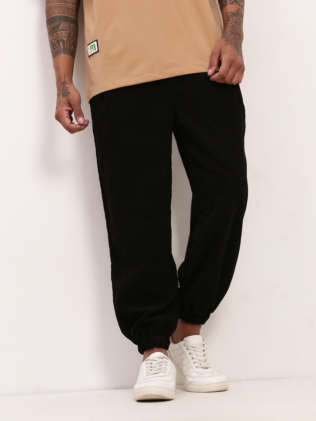 Men's Black Relaxed Fit Corduroy Joggers with Elasticated Drawstring Waist