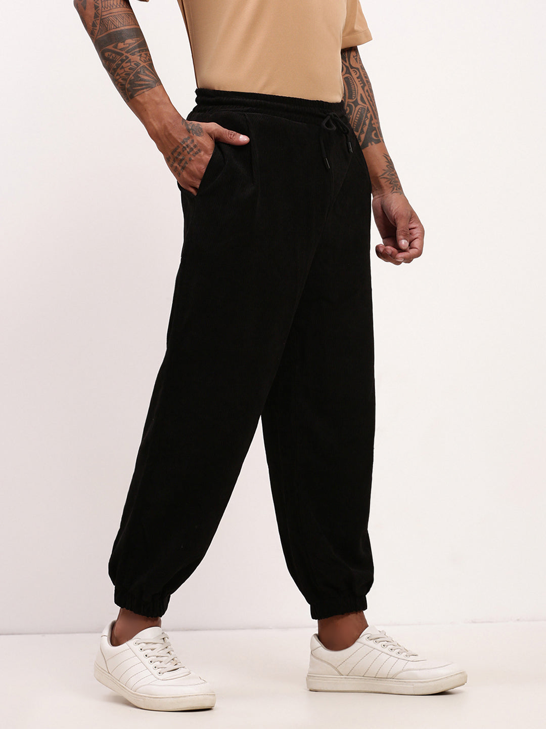 Men's Black Relaxed Fit Corduroy Joggers with Elasticated Drawstring Waist