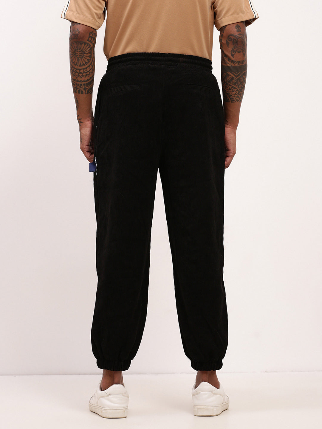 Men's Black Relaxed Fit Corduroy Joggers with Elasticated Drawstring Waist