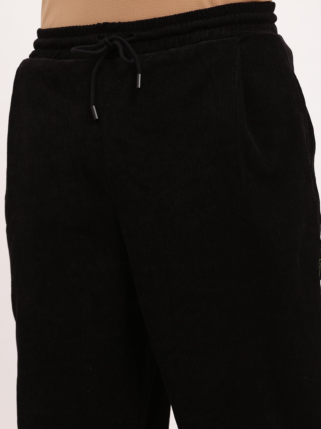 Men's Black Relaxed Fit Corduroy Joggers with Elasticated Drawstring Waist