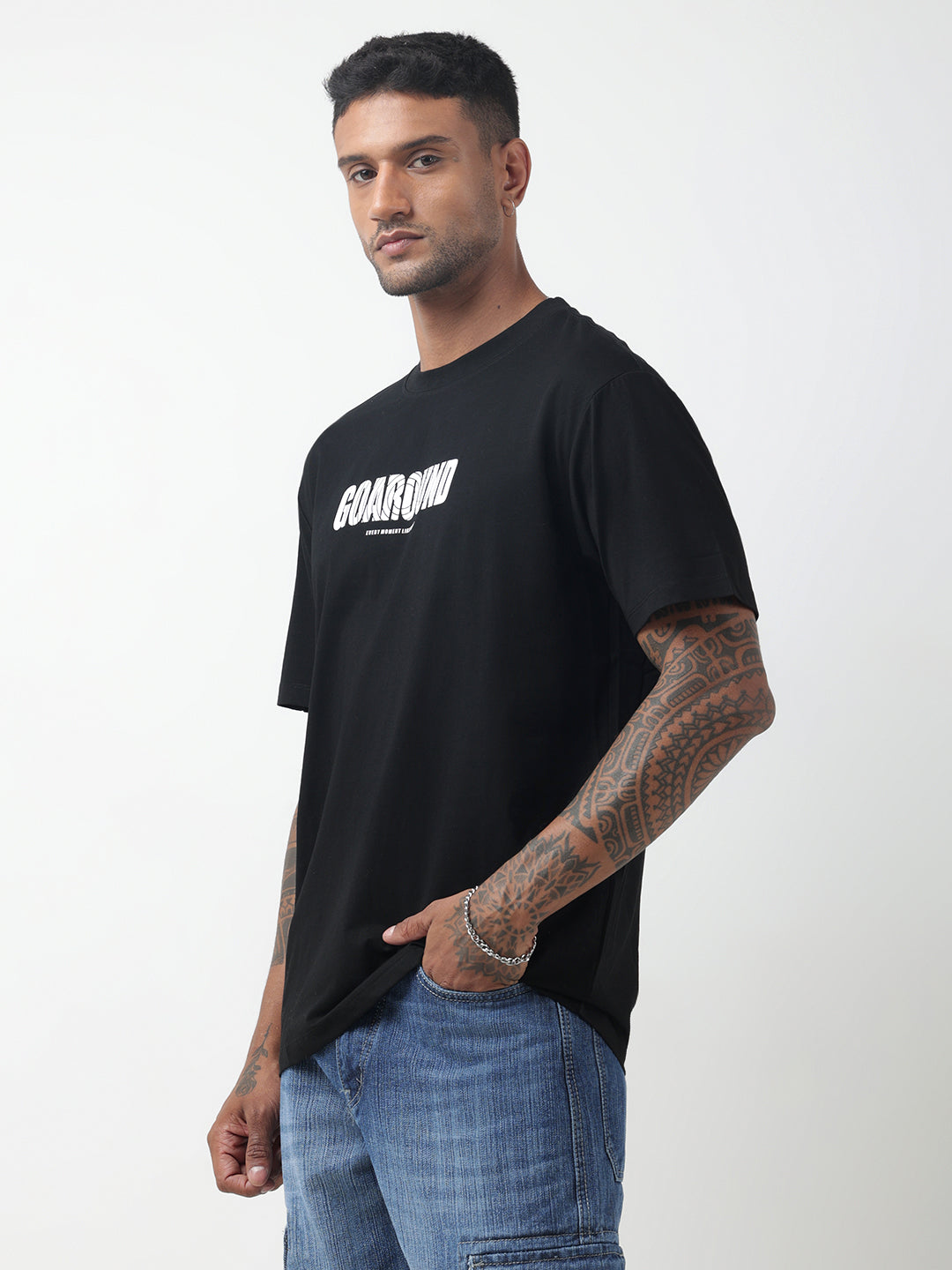 Men's Typography Black Relaxed Fit T-Shirt