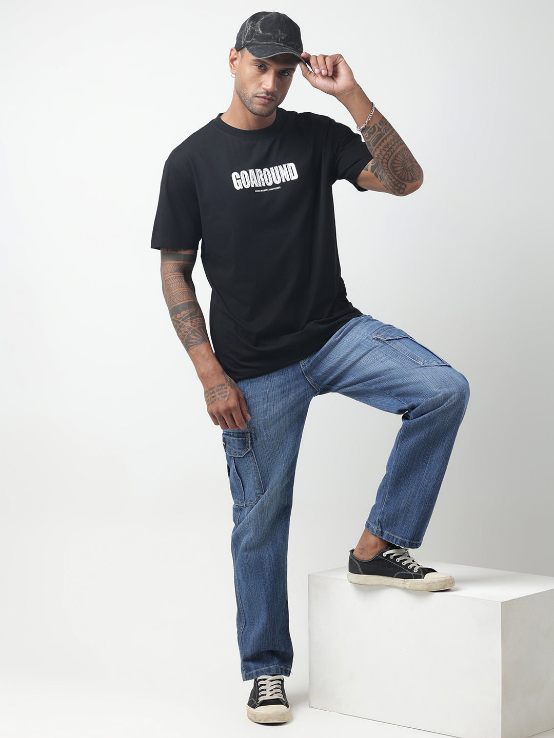 Men's Typography Black Relaxed Fit T-Shirt