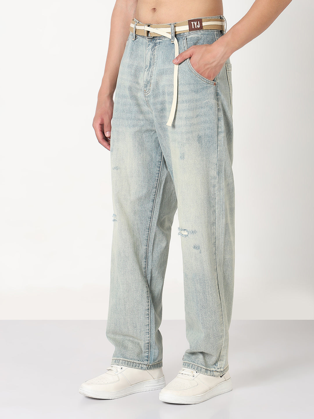 Men's Blue Distressed Wide Leg Jeans with Belt