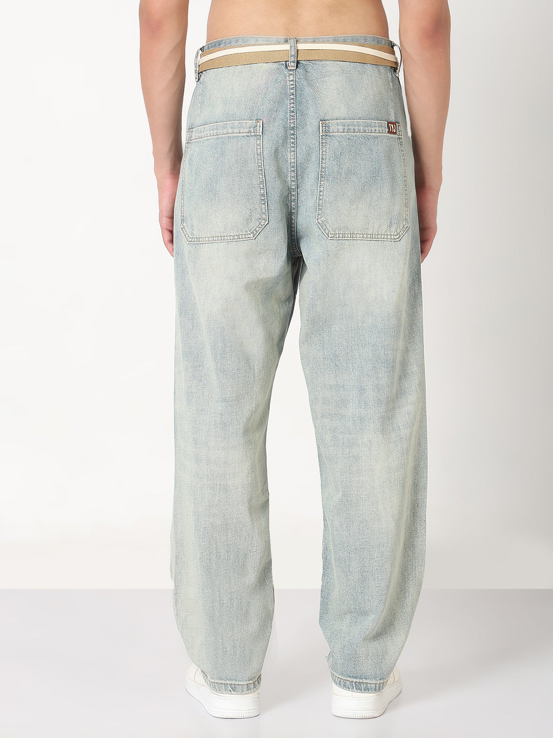 Men's Blue Distressed Wide Leg Jeans with Belt