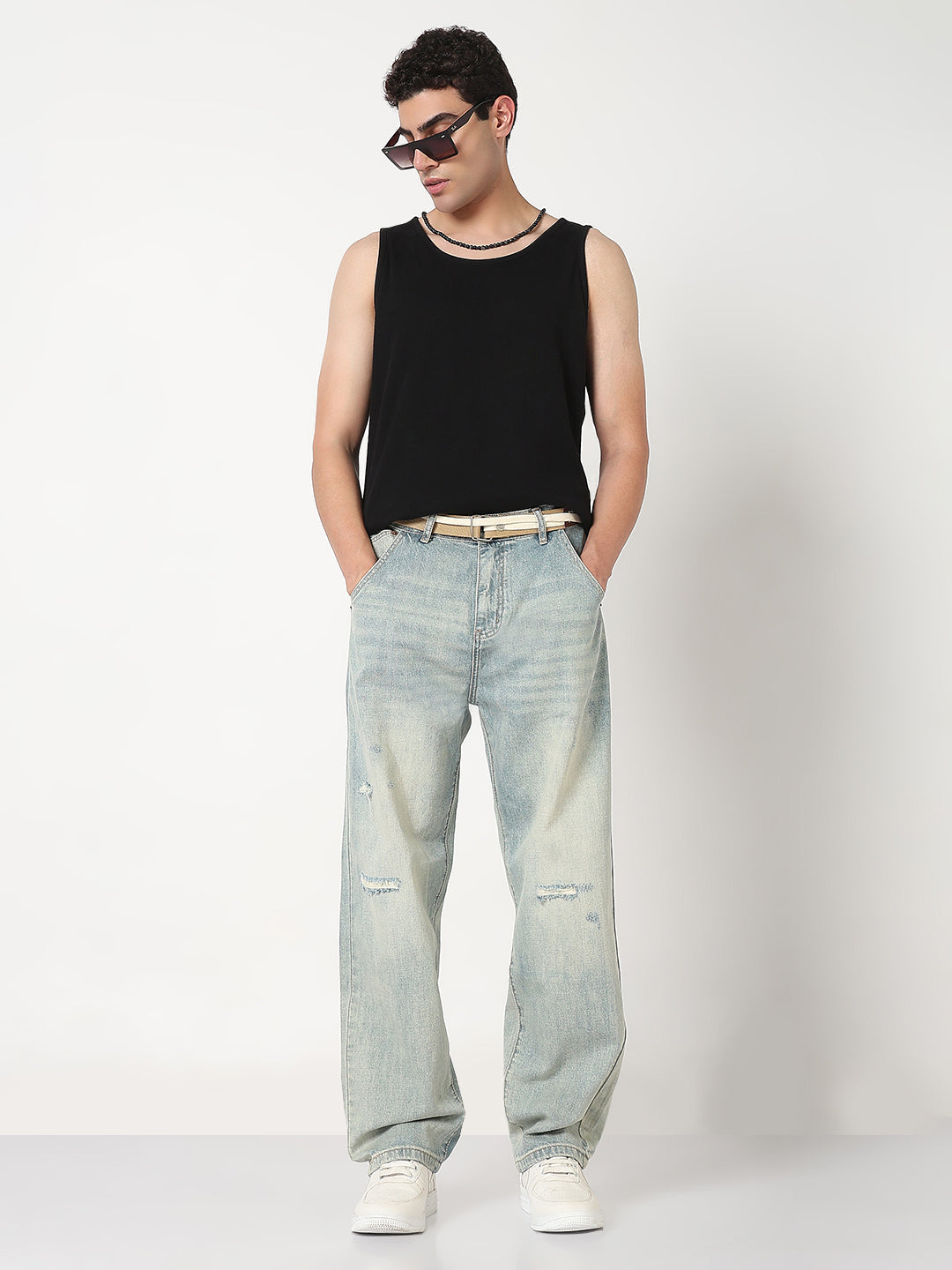 Men's Blue Distressed Wide Leg Jeans with Belt