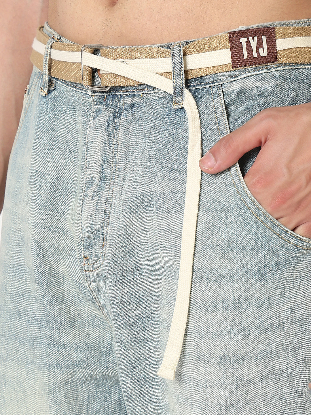 Men's Blue Distressed Wide Leg Jeans with Belt