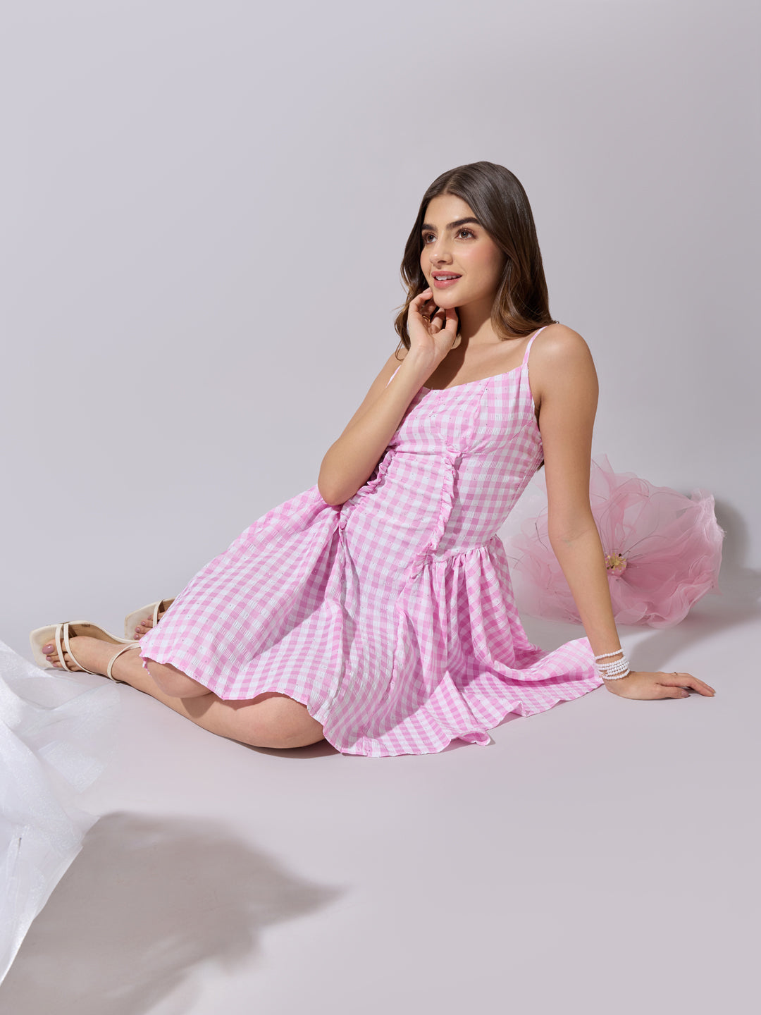 Women's Checked Pink Fit and Flare Mini Dress