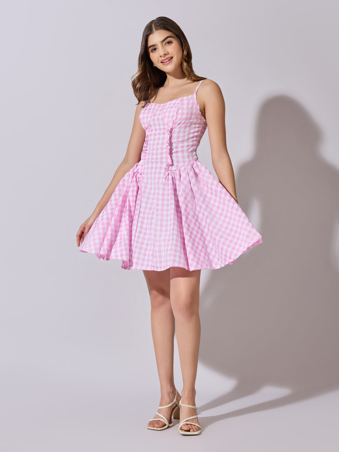 Women's Checked Pink Fit and Flare Mini Dress