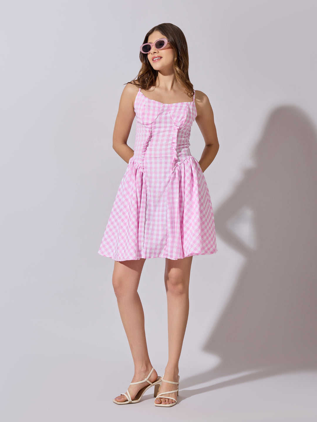 Women's Checked Pink Fit and Flare Mini Dress