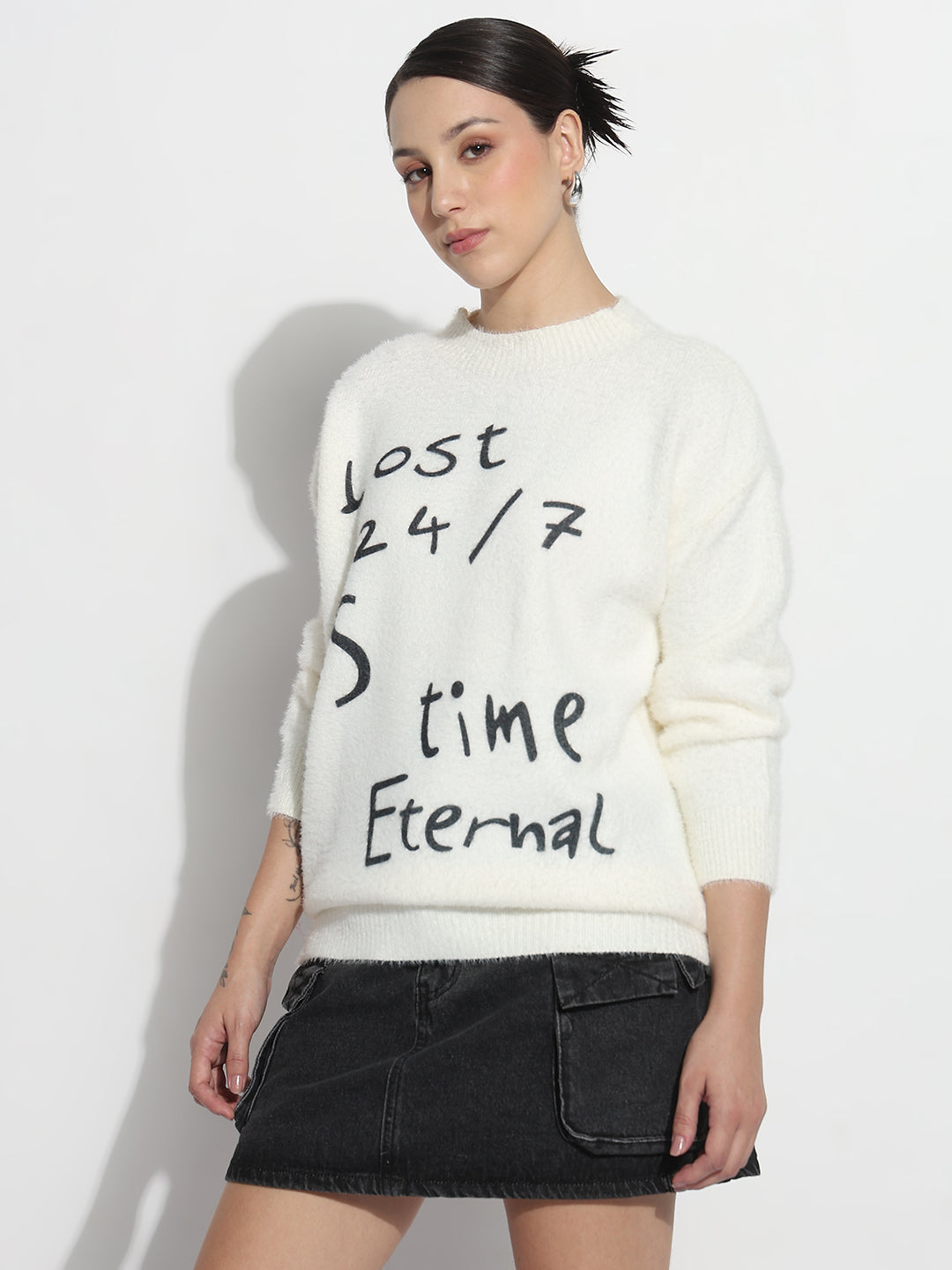 Women's Typography White & Black Round Neck Fuzzy Top