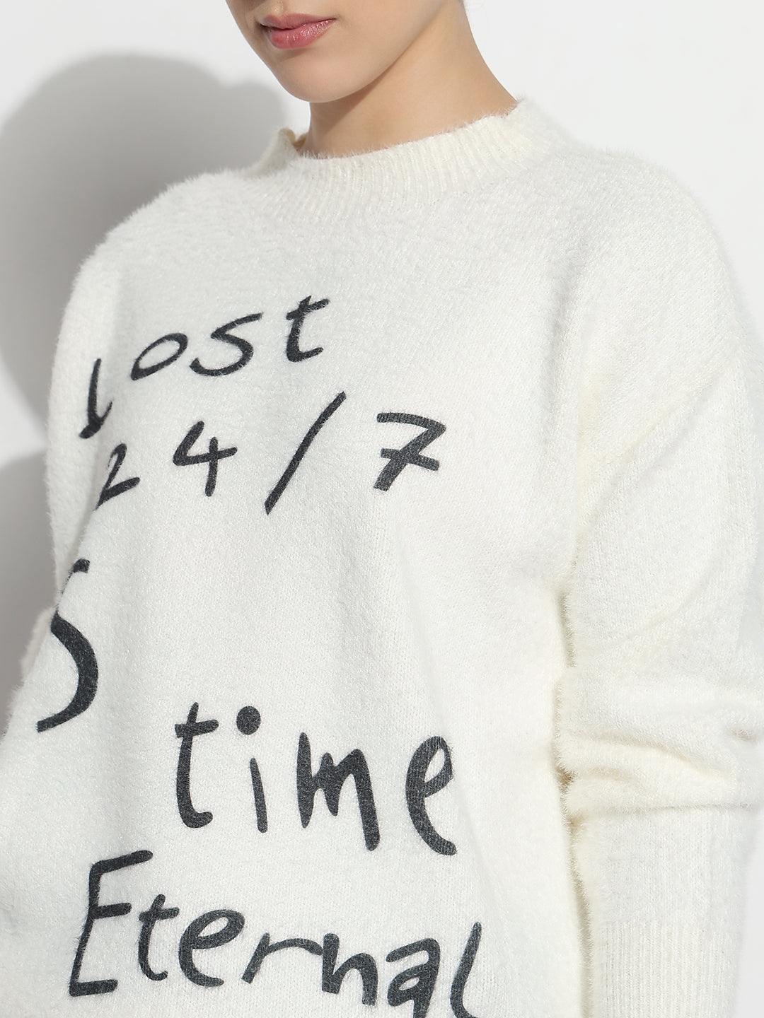 Women's Typography White & Black Round Neck Fuzzy Top