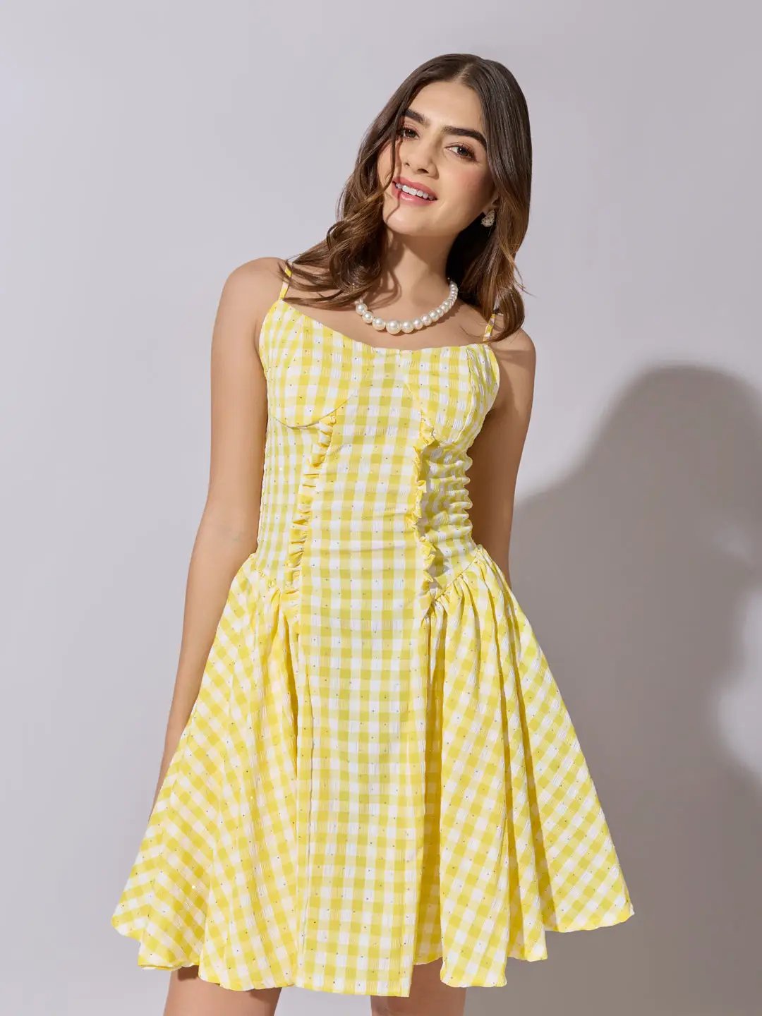 SHOWOFFFF Edition Women's Checked Yellow Fit & Flare Mini Dress SHOWOFFFF Edition Women's Checked Yellow Fit & Flare Mini Dress