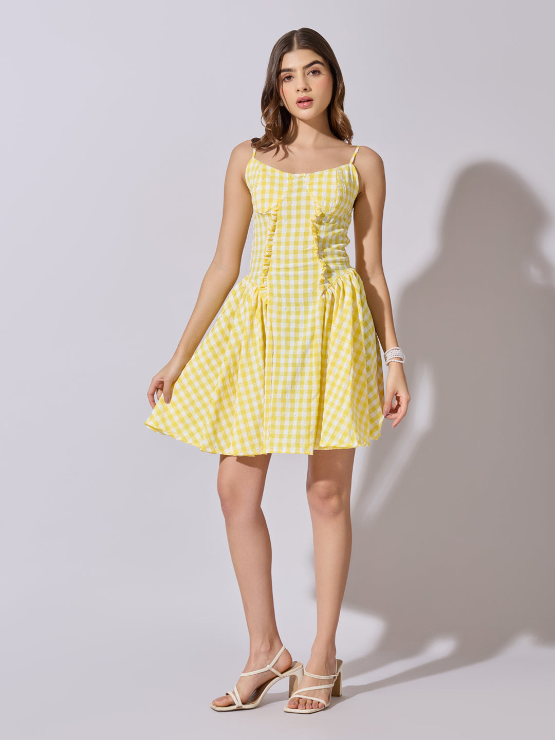 Women's Checked Yellow Fit & Flare Mini Dress