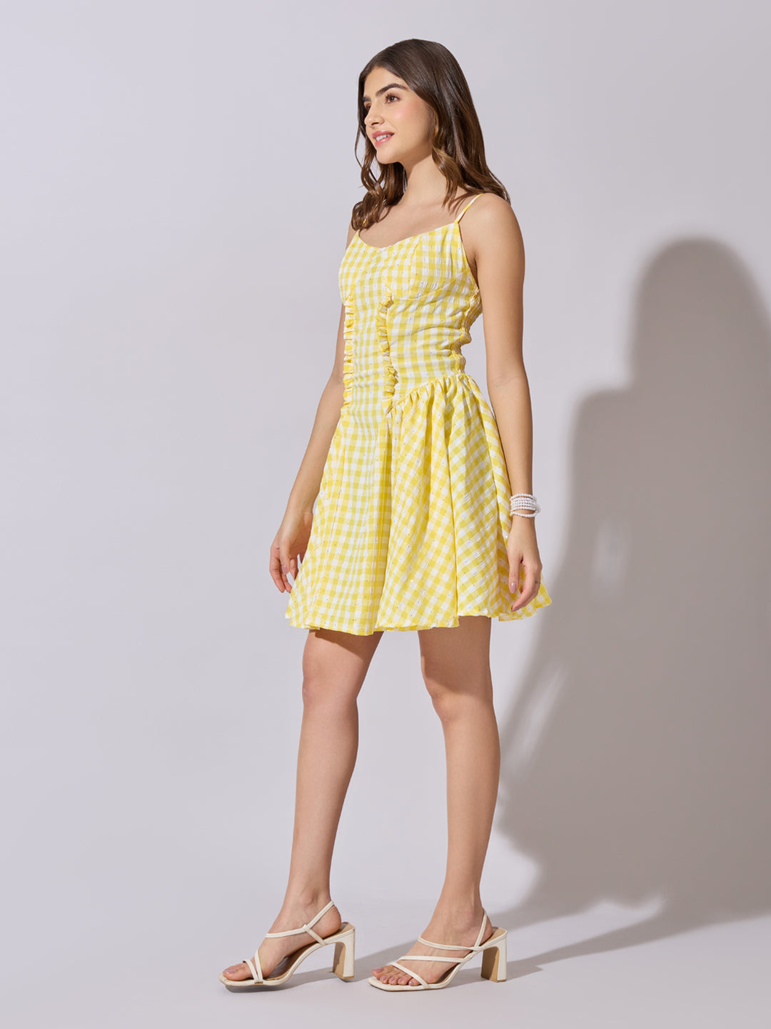 Women's Checked Yellow Fit & Flare Mini Dress