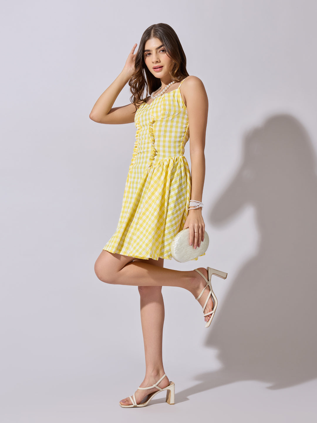 Women's Checked Yellow Fit & Flare Mini Dress