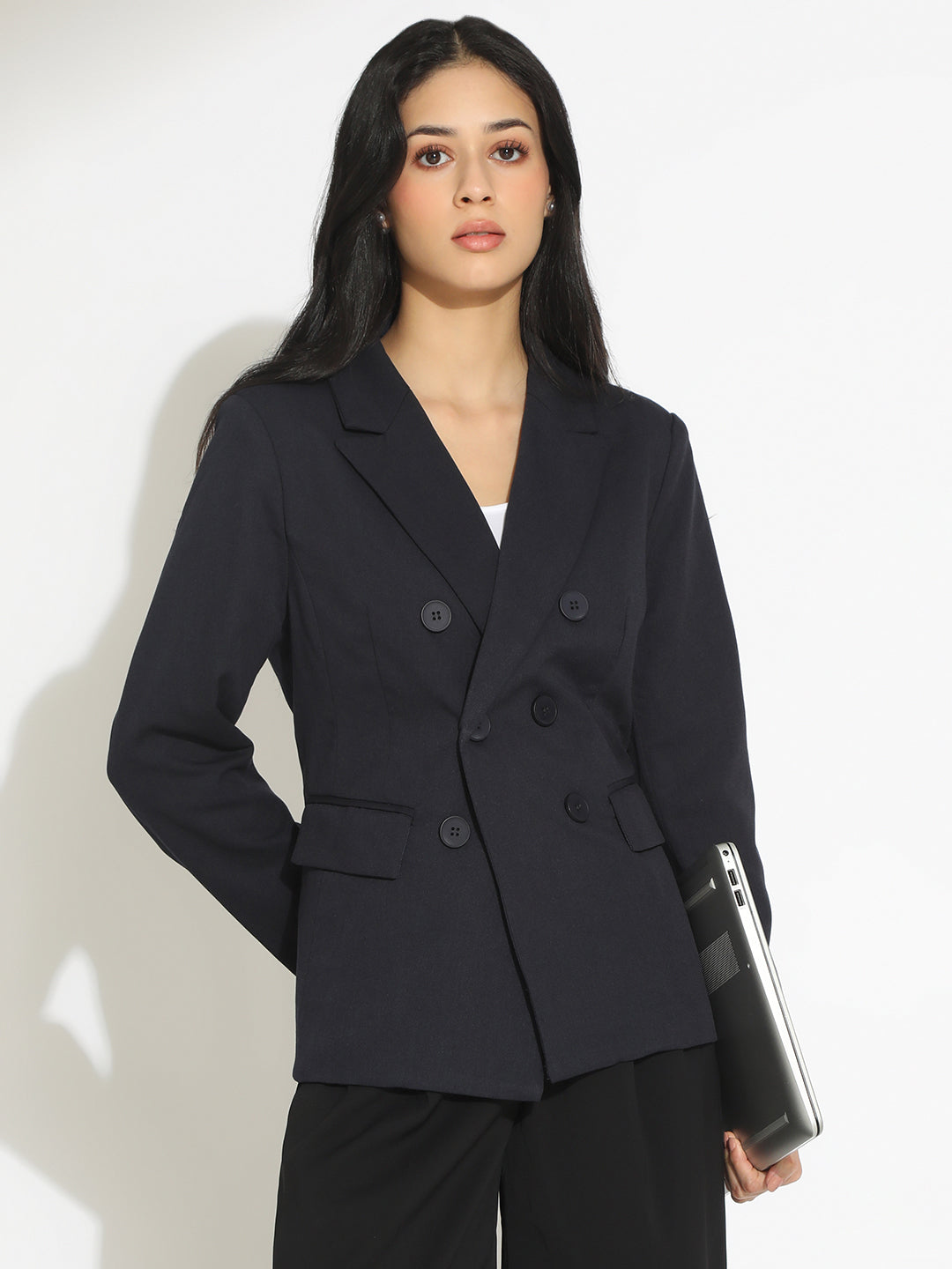 Women's Navy Blue Double-Breasted Blazer with Shoulder Pads
