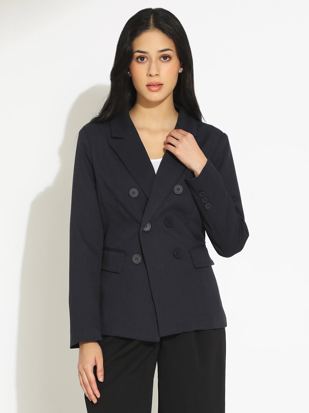 Women's Navy Blue Double-Breasted Blazer with Shoulder Pads