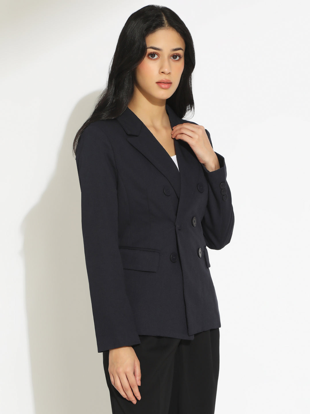 Women's Navy Blue Double-Breasted Blazer with Shoulder Pads