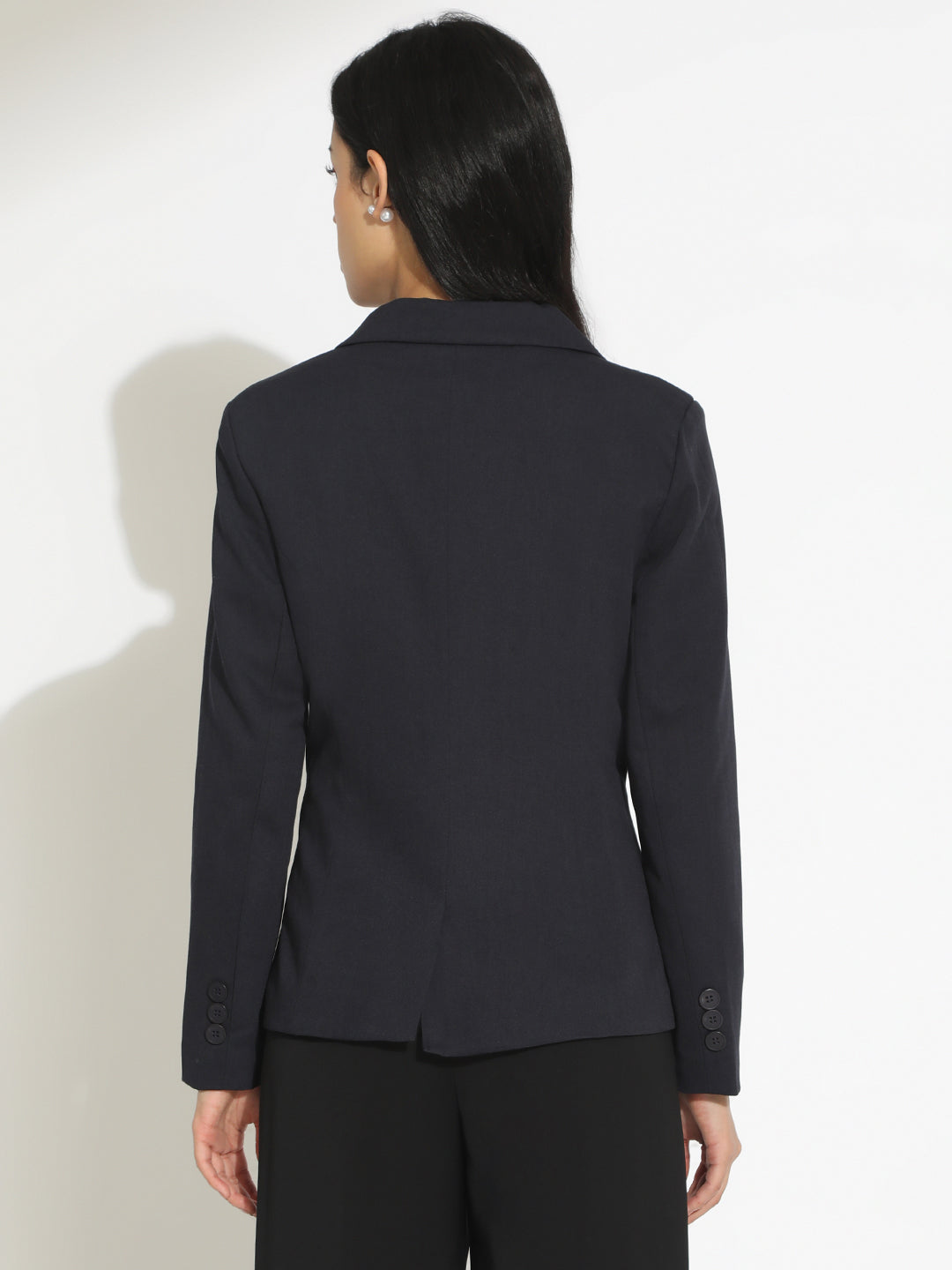 Women's Navy Blue Double-Breasted Blazer with Shoulder Pads