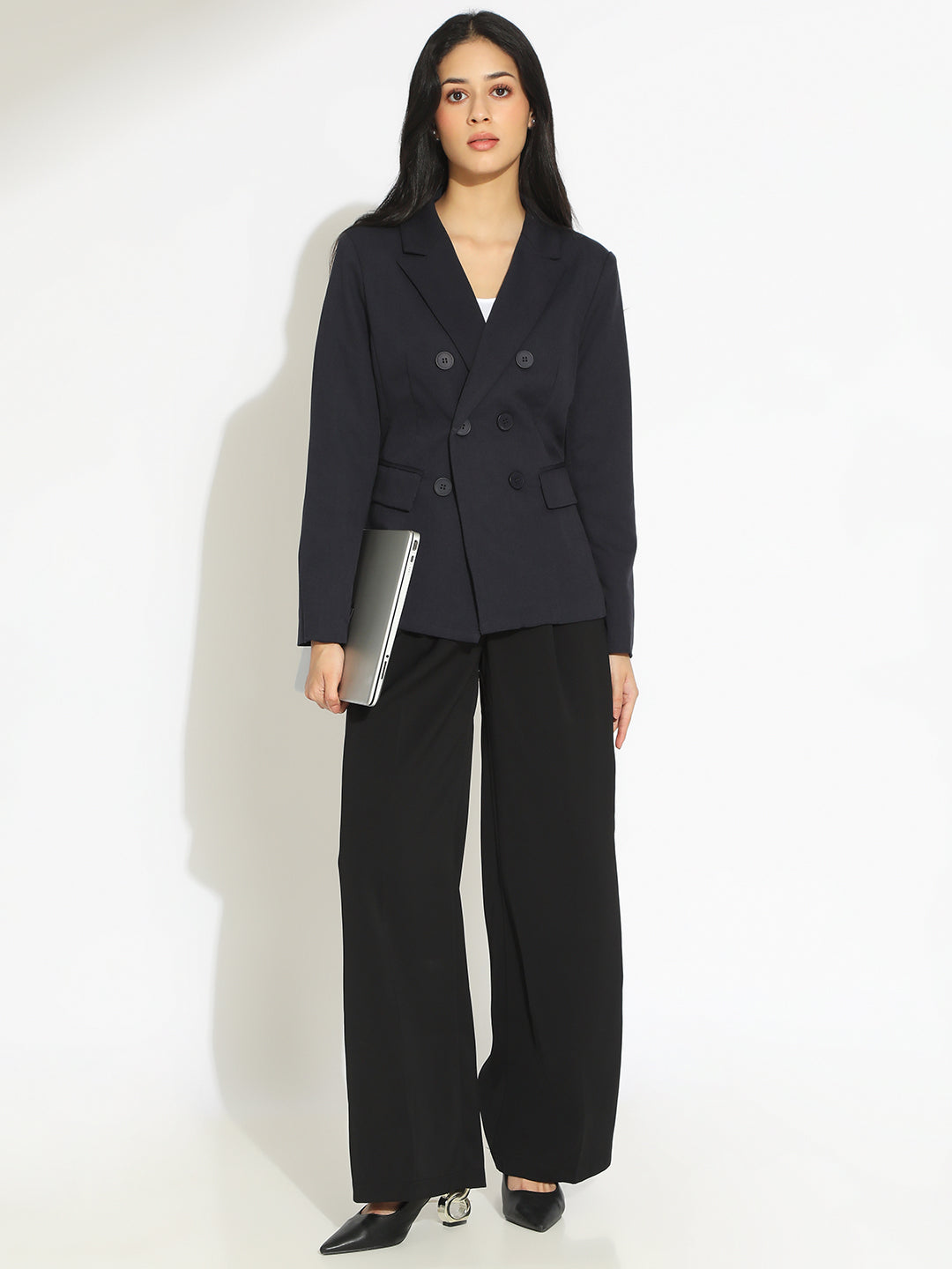 Women's Navy Blue Double-Breasted Blazer with Shoulder Pads