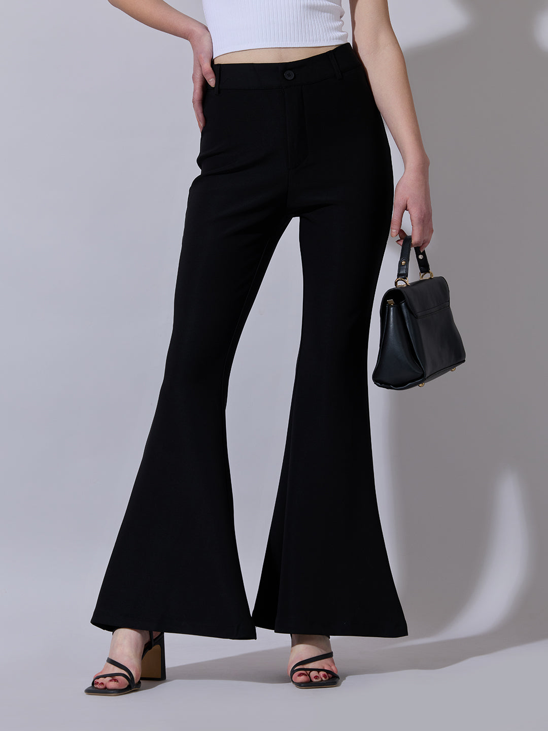 Women's Black Relaxed Fit Flared Trousers