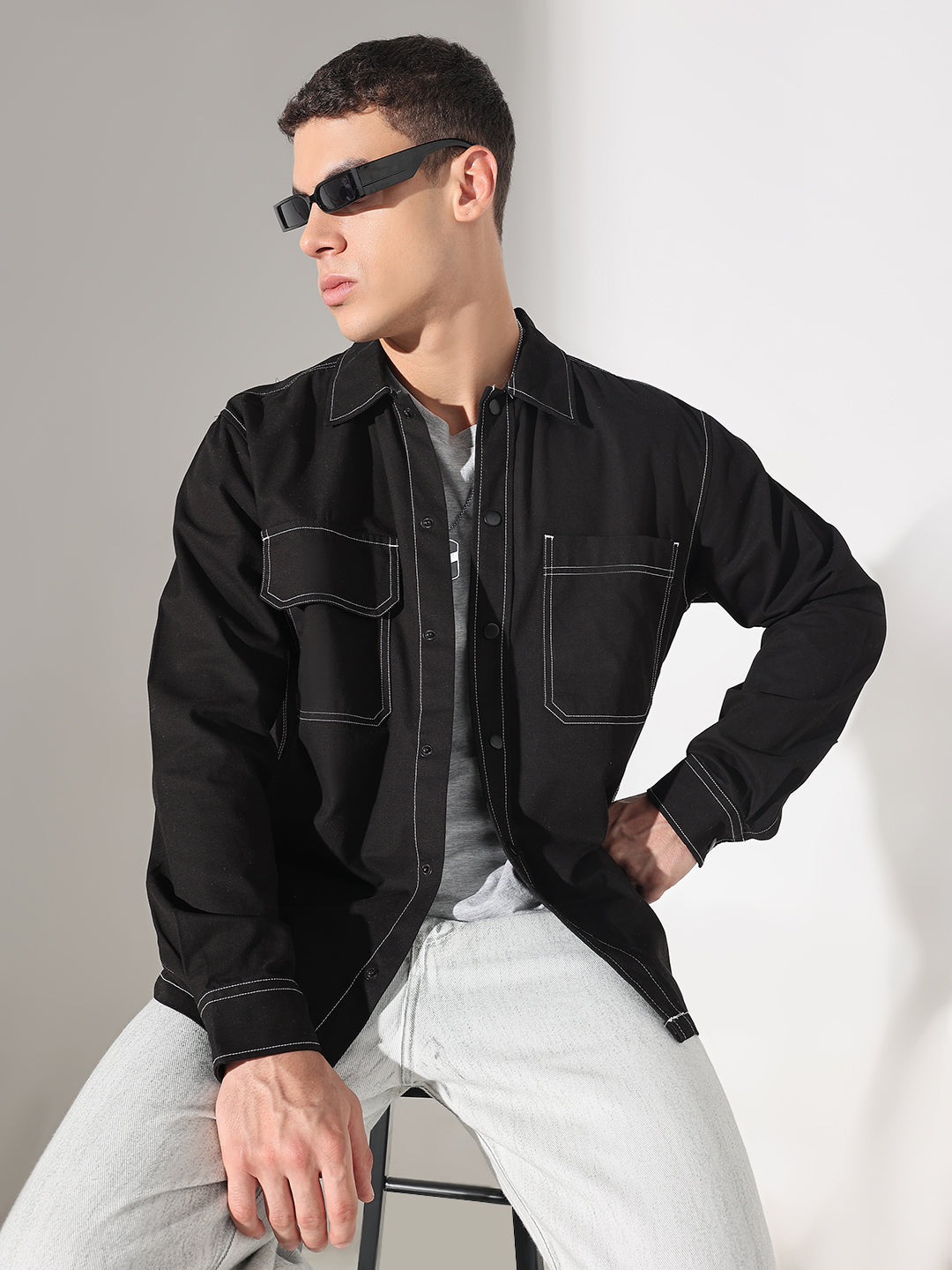 Men’s Solid Black Relaxed Fit Shirt with Contrast White Stitch Detailing