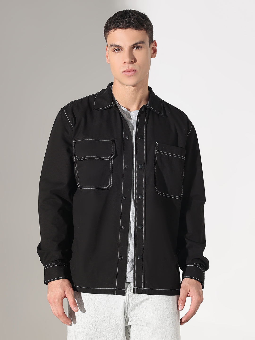 Men’s Solid Black Relaxed Fit Shirt with Contrast White Stitch Detailing