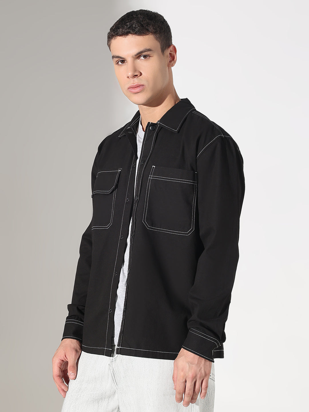 Men’s Solid Black Relaxed Fit Shirt with Contrast White Stitch Detailing