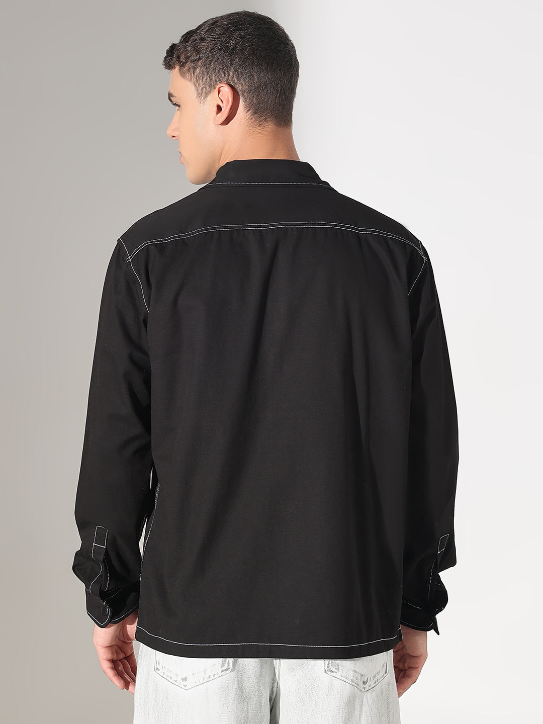 Men’s Solid Black Relaxed Fit Shirt with Contrast White Stitch Detailing