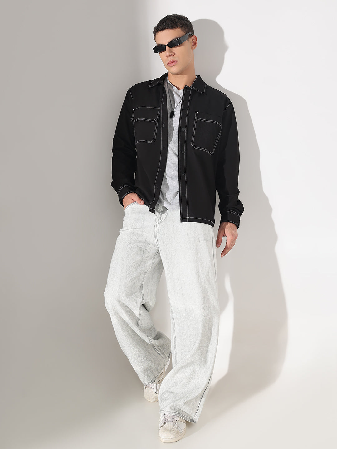 Men’s Solid Black Relaxed Fit Shirt with Contrast White Stitch Detailing