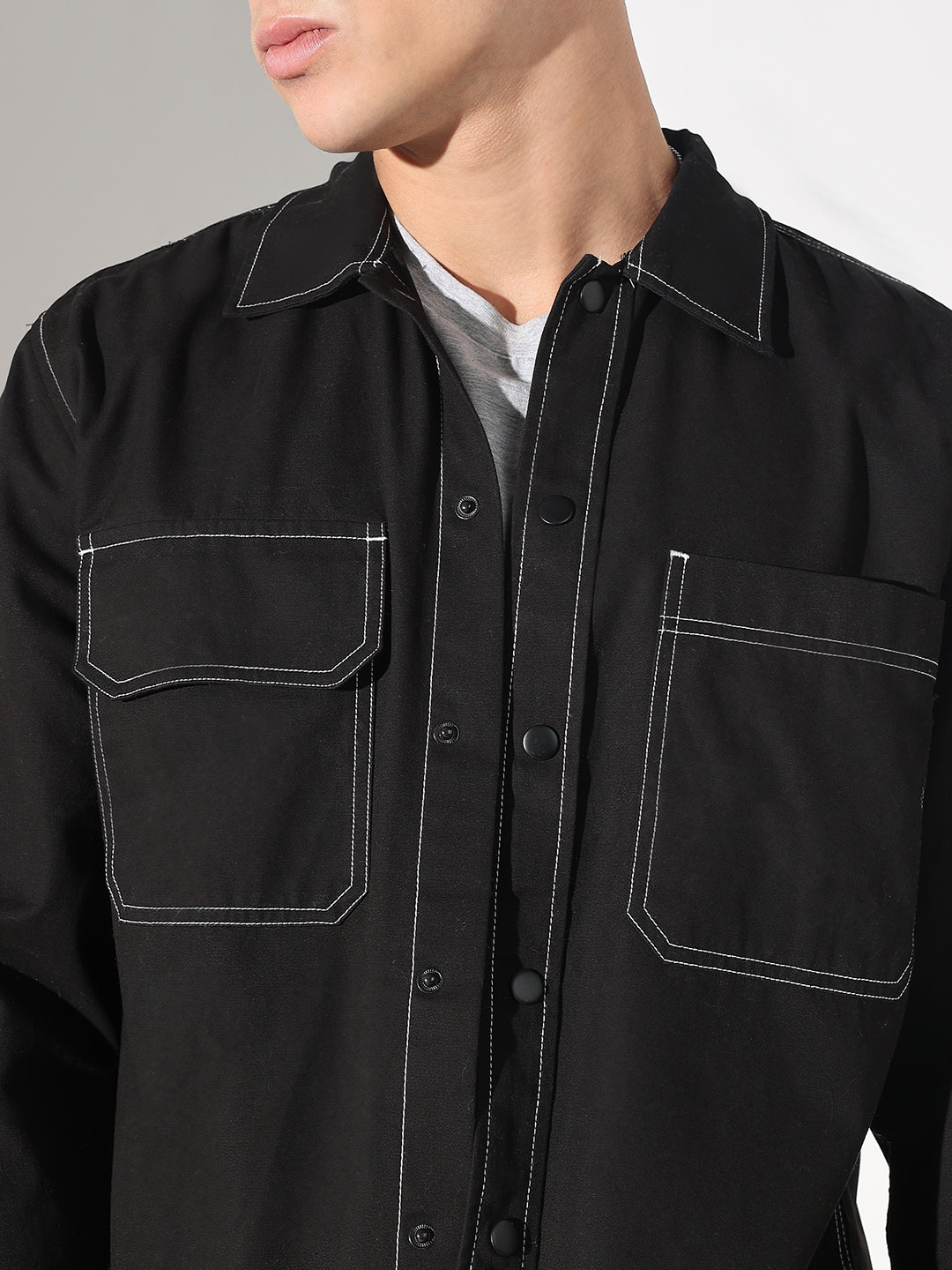 Men’s Solid Black Relaxed Fit Shirt with Contrast White Stitch Detailing