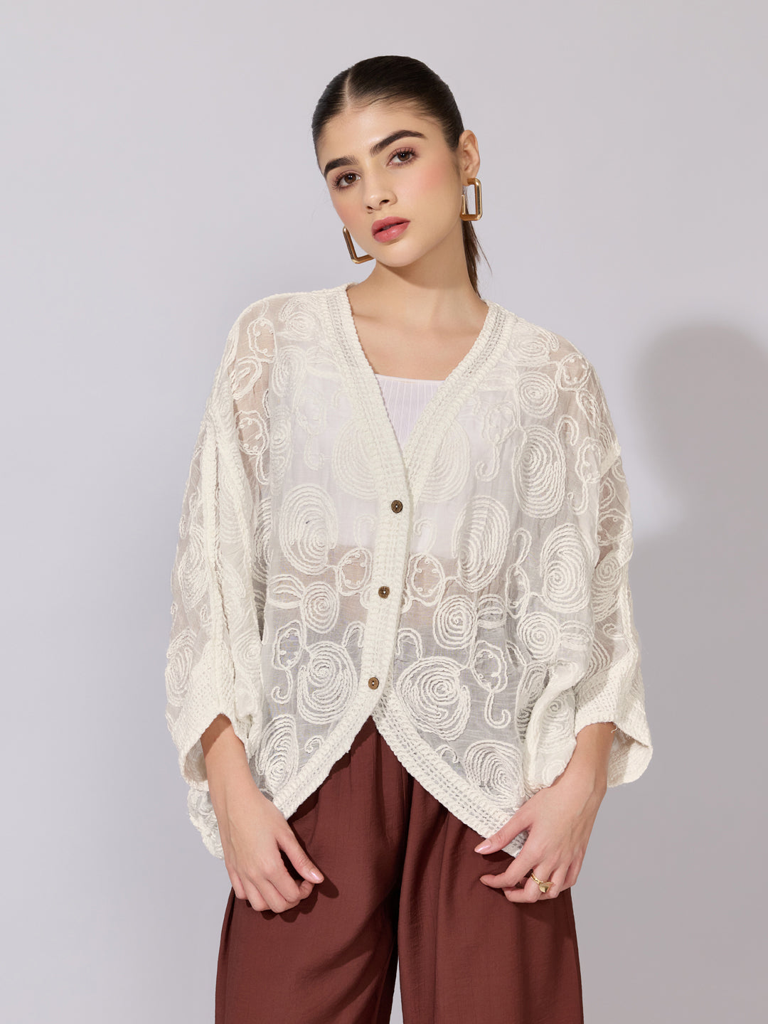 Women's Embroidered Cream Open Front Sheer Top