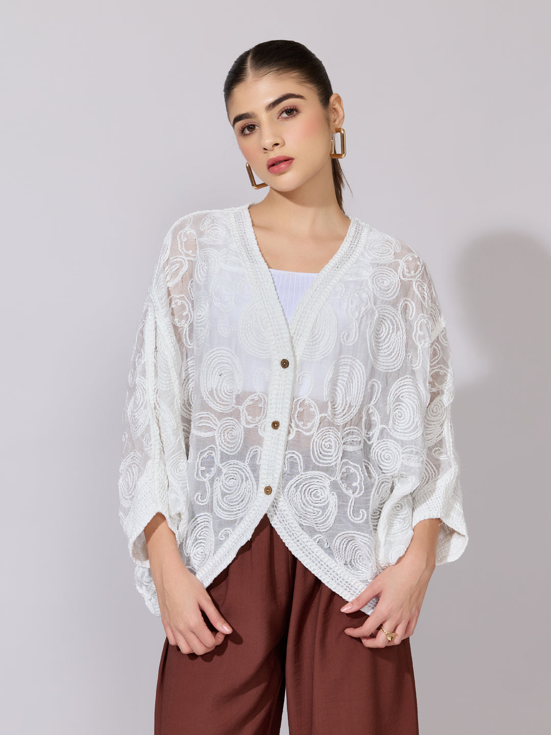 Women's Embroidered White Open Front Sheer Top