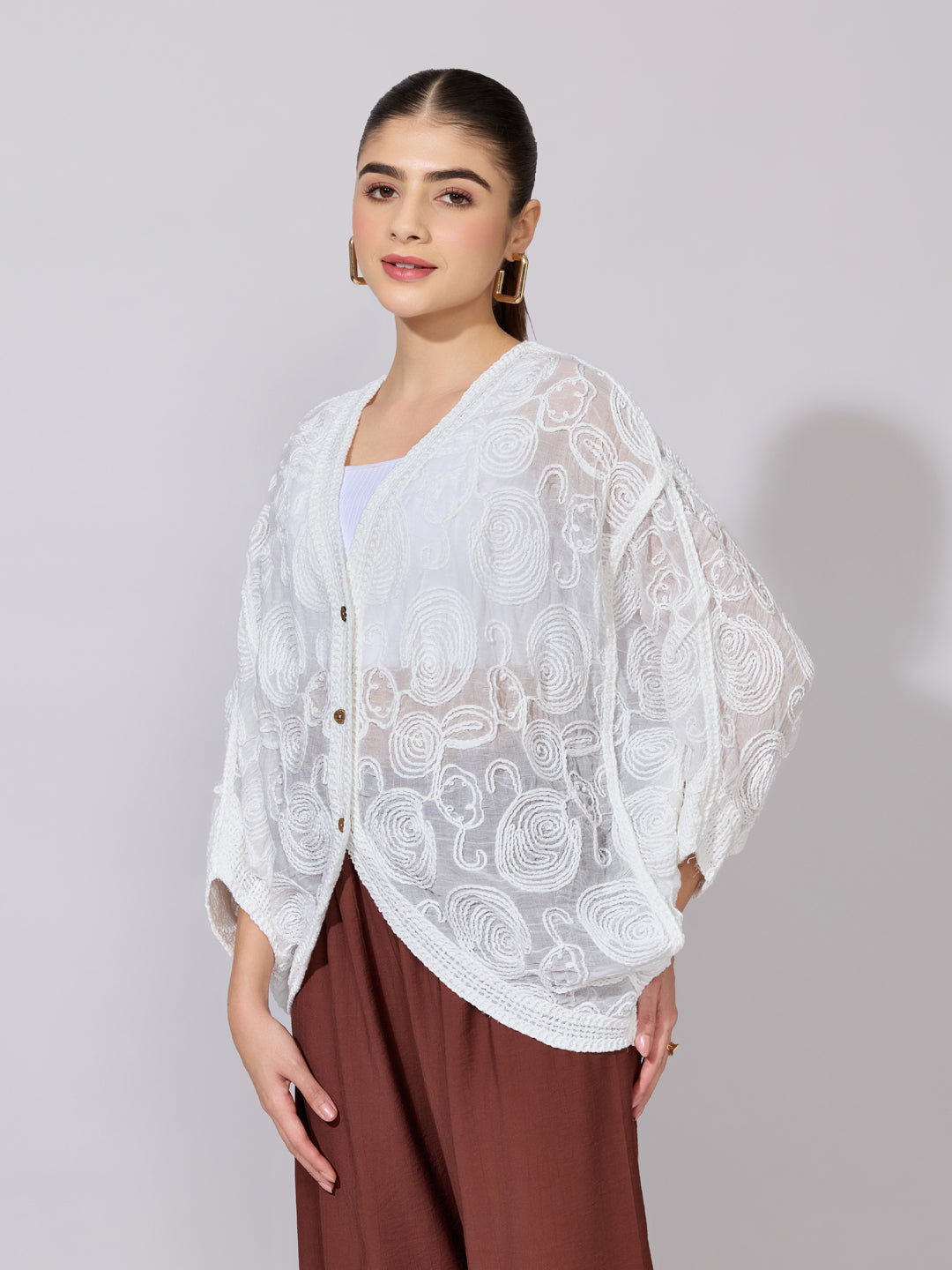 Women's Embroidered White Open Front Sheer Top