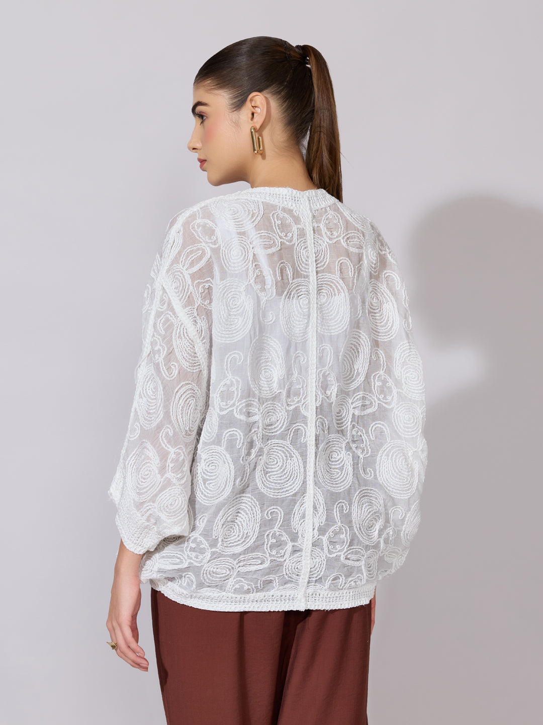 Women's Embroidered White Open Front Sheer Top