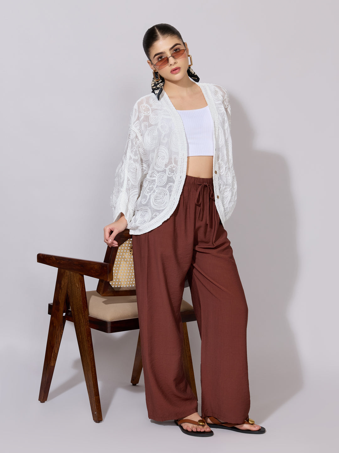 Women's Embroidered White Open Front Sheer Top