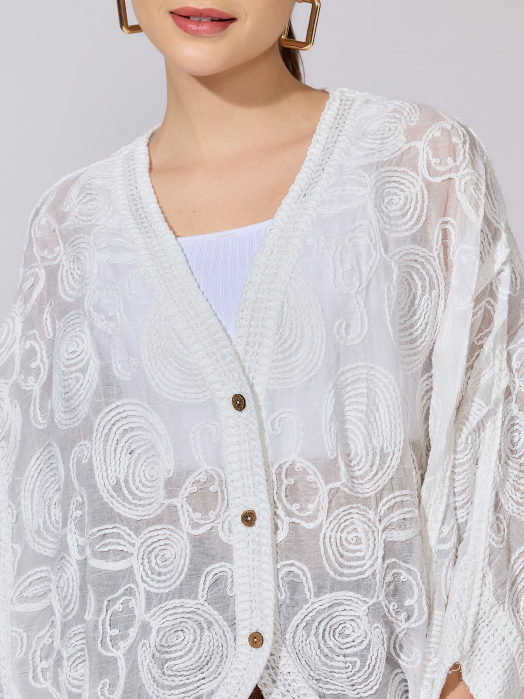 Women's Embroidered White Open Front Sheer Top