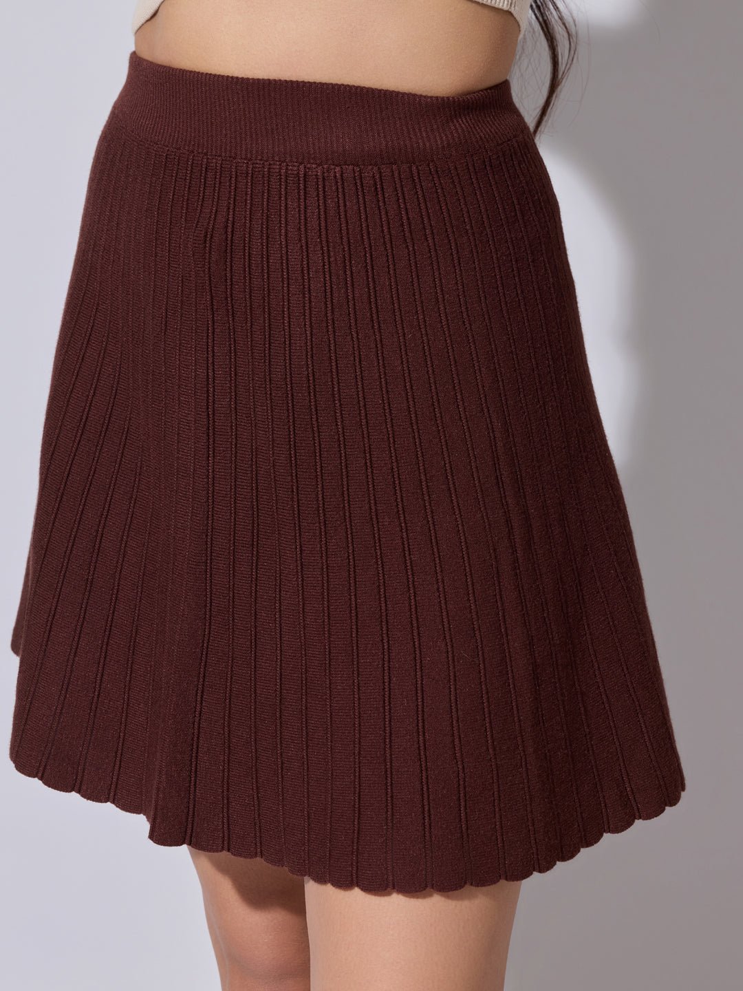 Women's Ribbed Brown Flared Mini Skirt