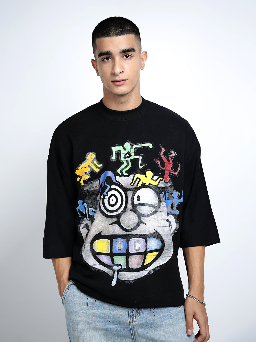 Men's Graphic and Typography Print Black Oversized T-Shirt