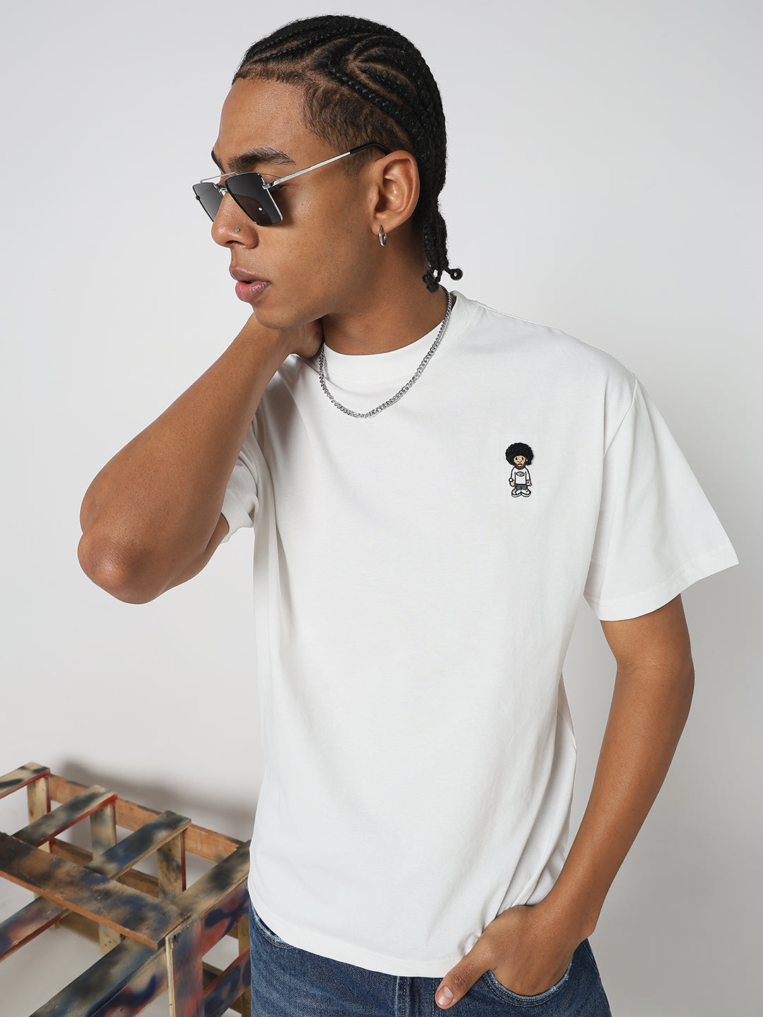 Men White Solid Afro Printed T -Shirt