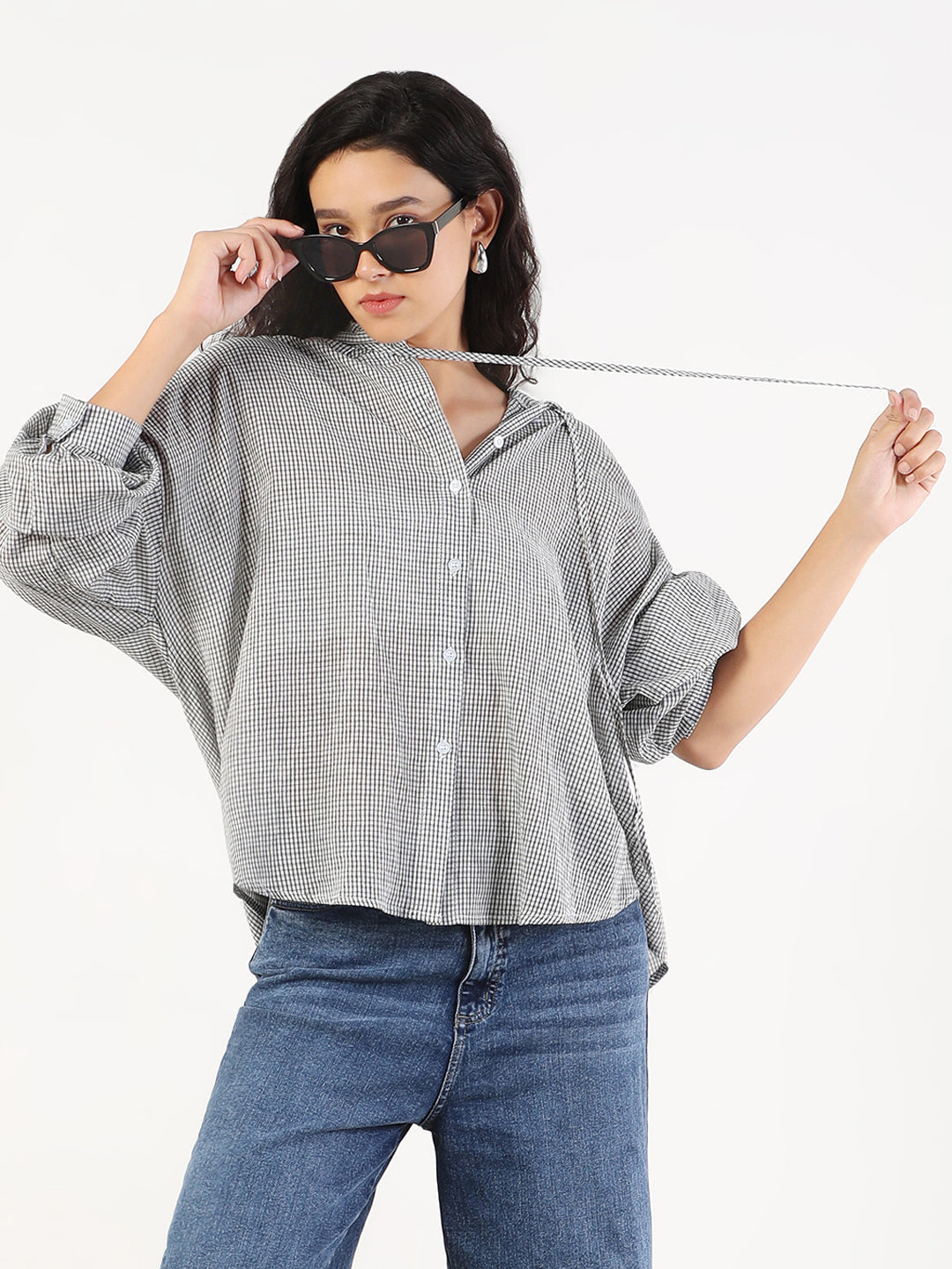 Women Oversized Hooded Grey Checked Shirt