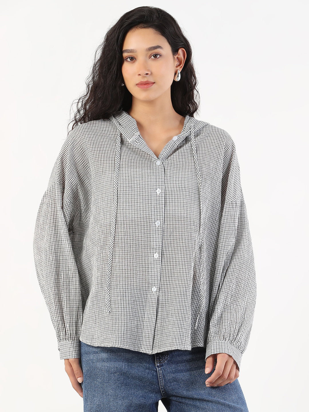 Women Oversized Hooded Grey Checked Shirt