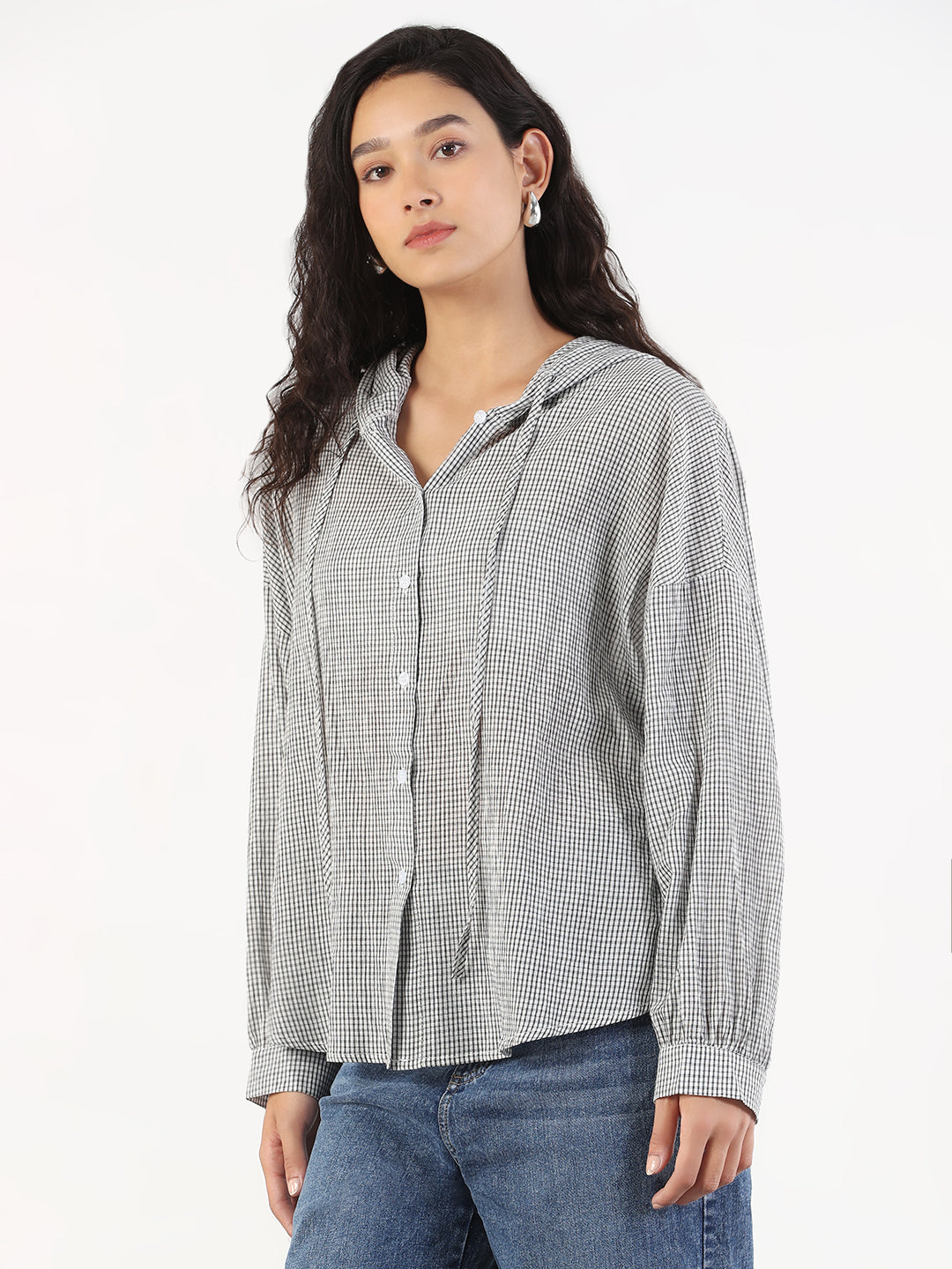 Women Oversized Hooded Grey Checked Shirt