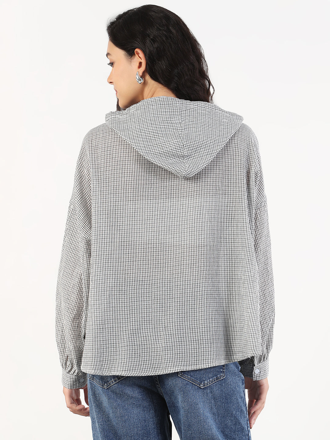 Women Oversized Hooded Grey Checked Shirt